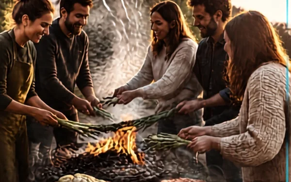 Equipo preparando calçots a la brasa durante una experiencia gastronómica